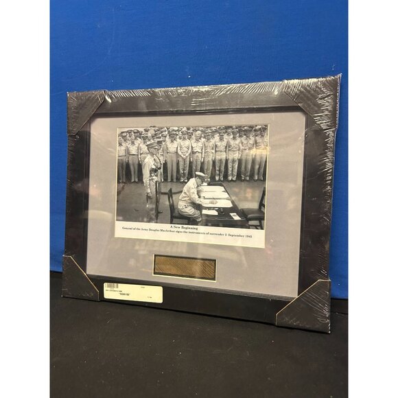 Framed WW II Surrender Signing Photo With Douglas MacArthur & Historical Wood Pi - Picture 1 of 4